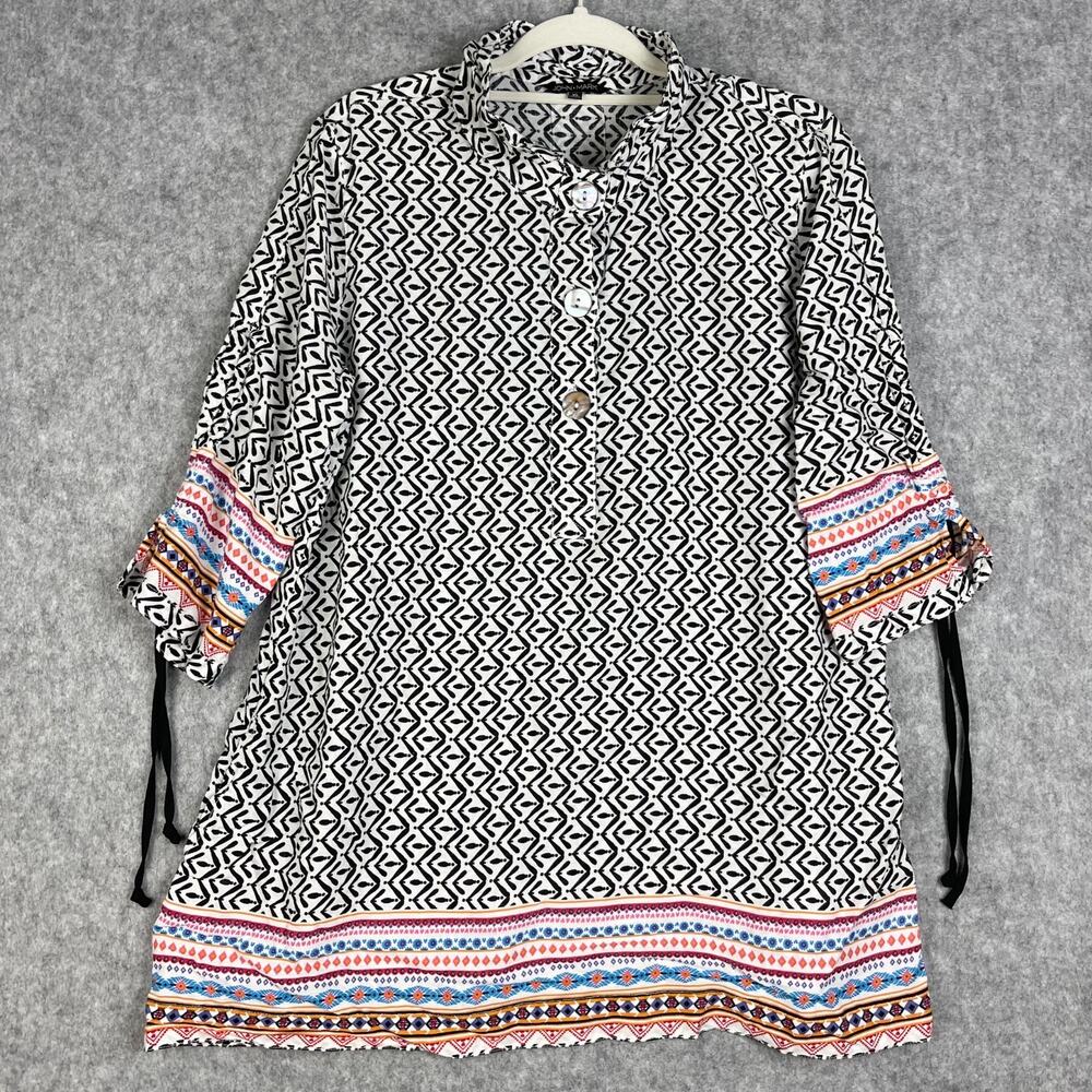 John Mark Tunic Top Womens XL Geometric Linen Blend Wired Collar‎ Coastal Artsy